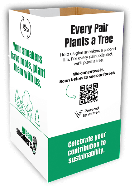 Green Sneakers collection box filled with used sneakers ready for recycling